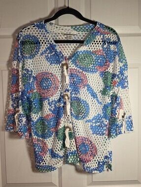 Mirror Image Vintage White Floral Mesh Net Snap Up 3/4 Sleeve Top M